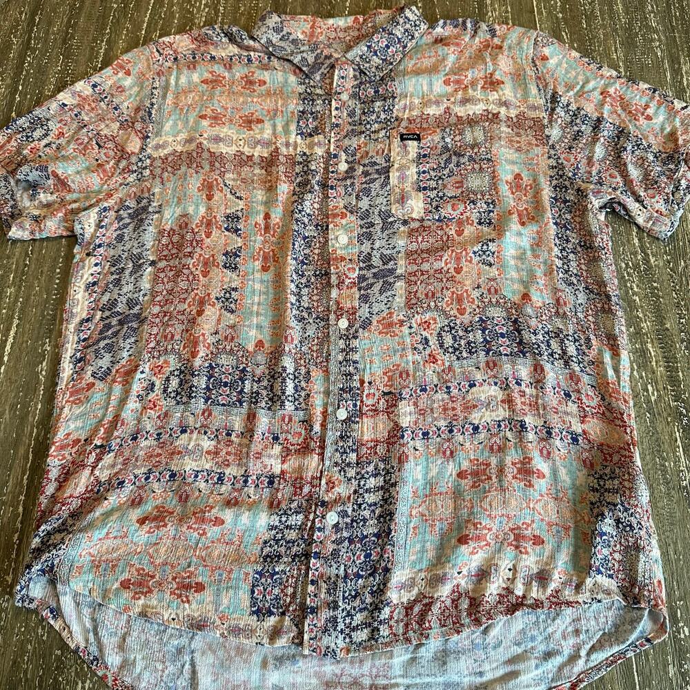 RVCA Regular Fit Short Sleeve Button Down Collar Shirt 100% Viscose Patchwork XL